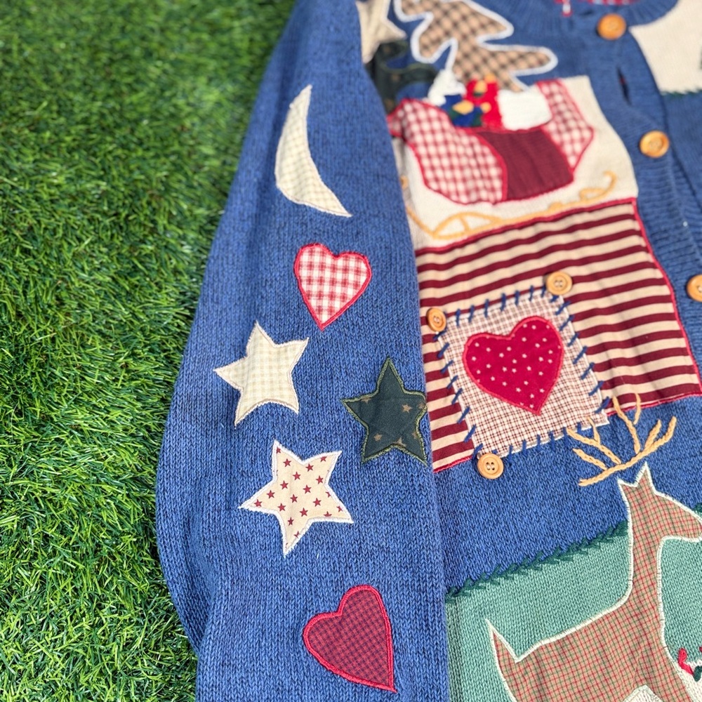 Vintage Susan Bristol Folk Art Patchwork Winter Cardigan Hand Embroidered XL w - Picture 8 of 9